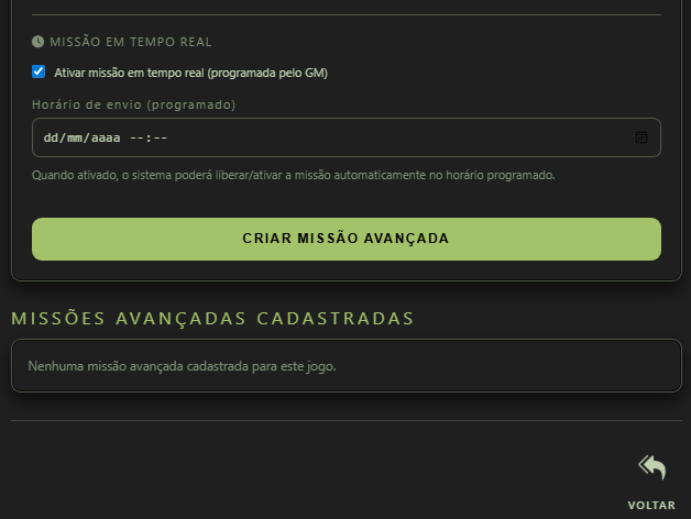 Final da missão avançada com missão em tempo real, horário de envio programado, botão Criar missão avançada, lista de missões avançadas cadastradas e botão Voltar.